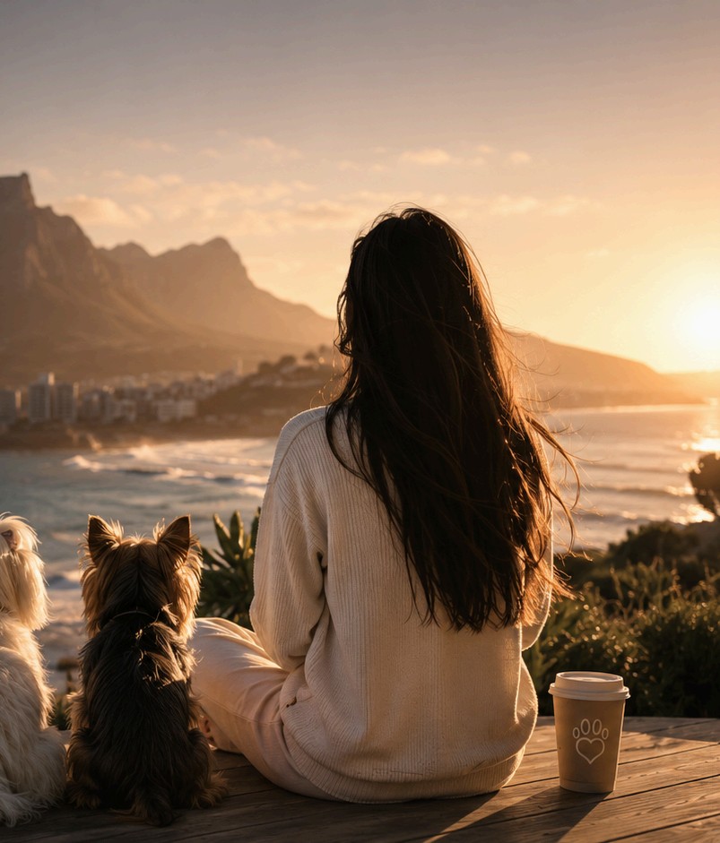 A pet owner walking their dog at sunrise along a coastal promenade