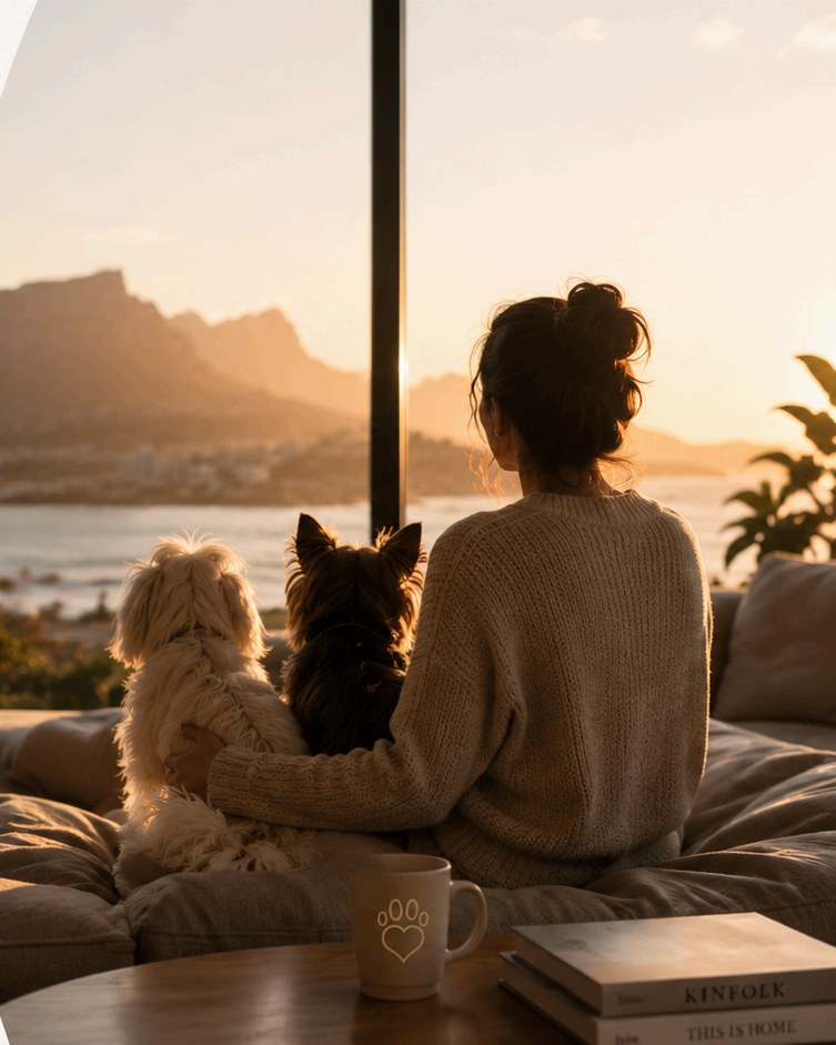 A pet parent at home with two dogs, watching the sunset