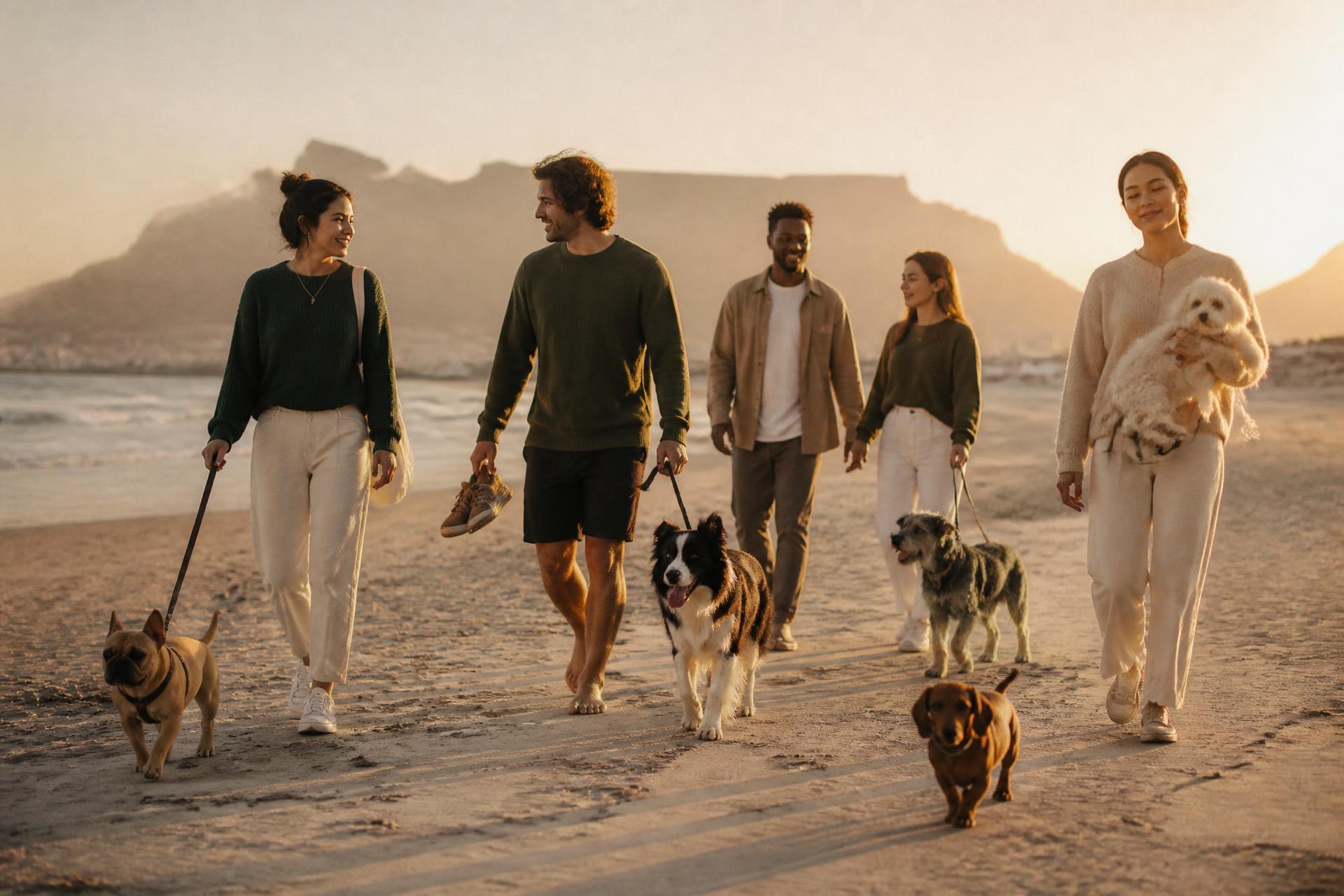 Dog parents walking together with their dogs at sunset on a Cape Town beach