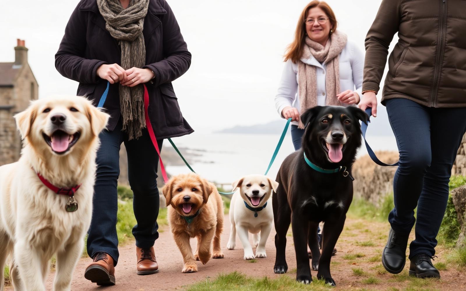 Dog owners walking together on a Scottish coastal path